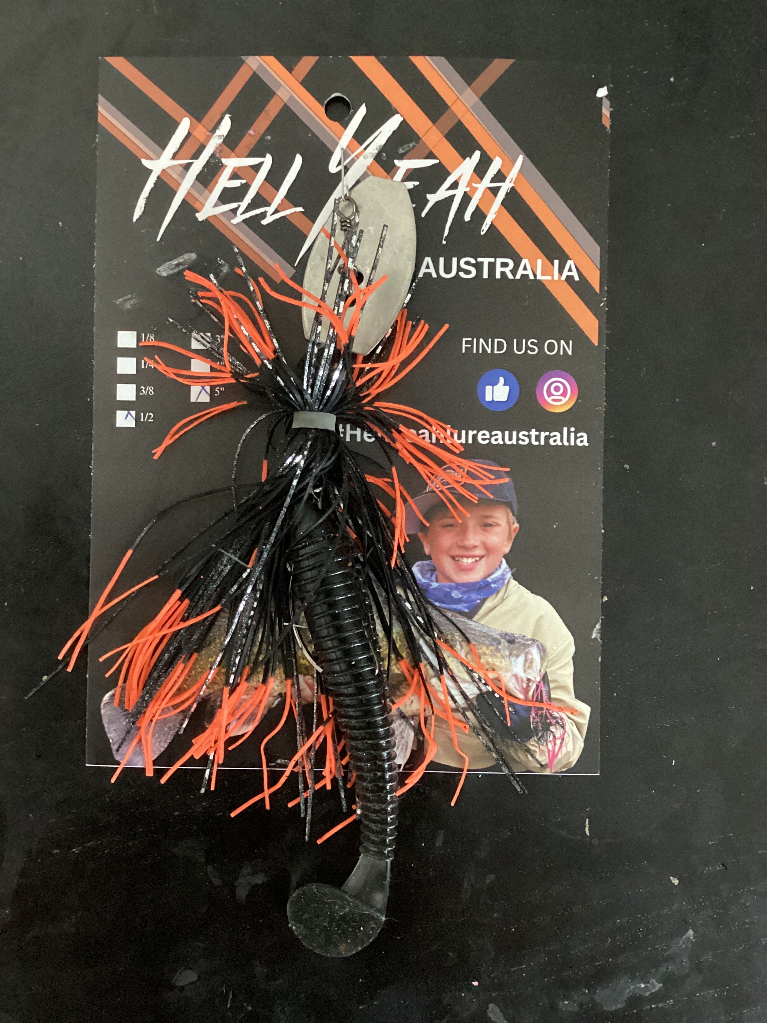 Hell Yeah 1/2oz 5” Weedless Chatterbait Big Blade Black and Orange