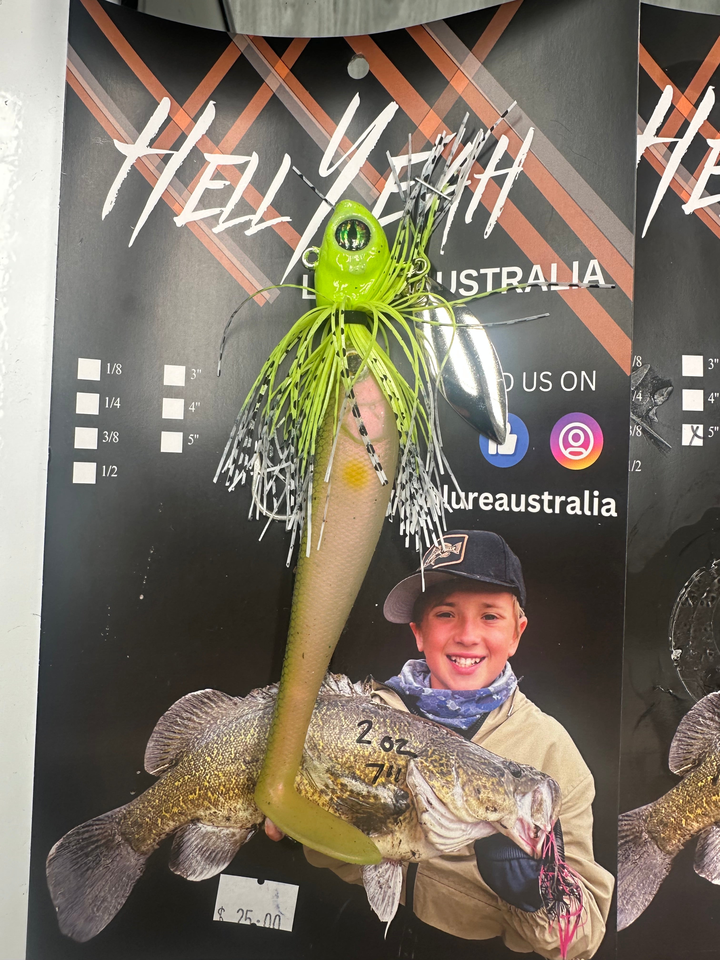 Hell Yeah 7” Swim Jig Flasher 2oz Chart/white black Fleck Paddletail